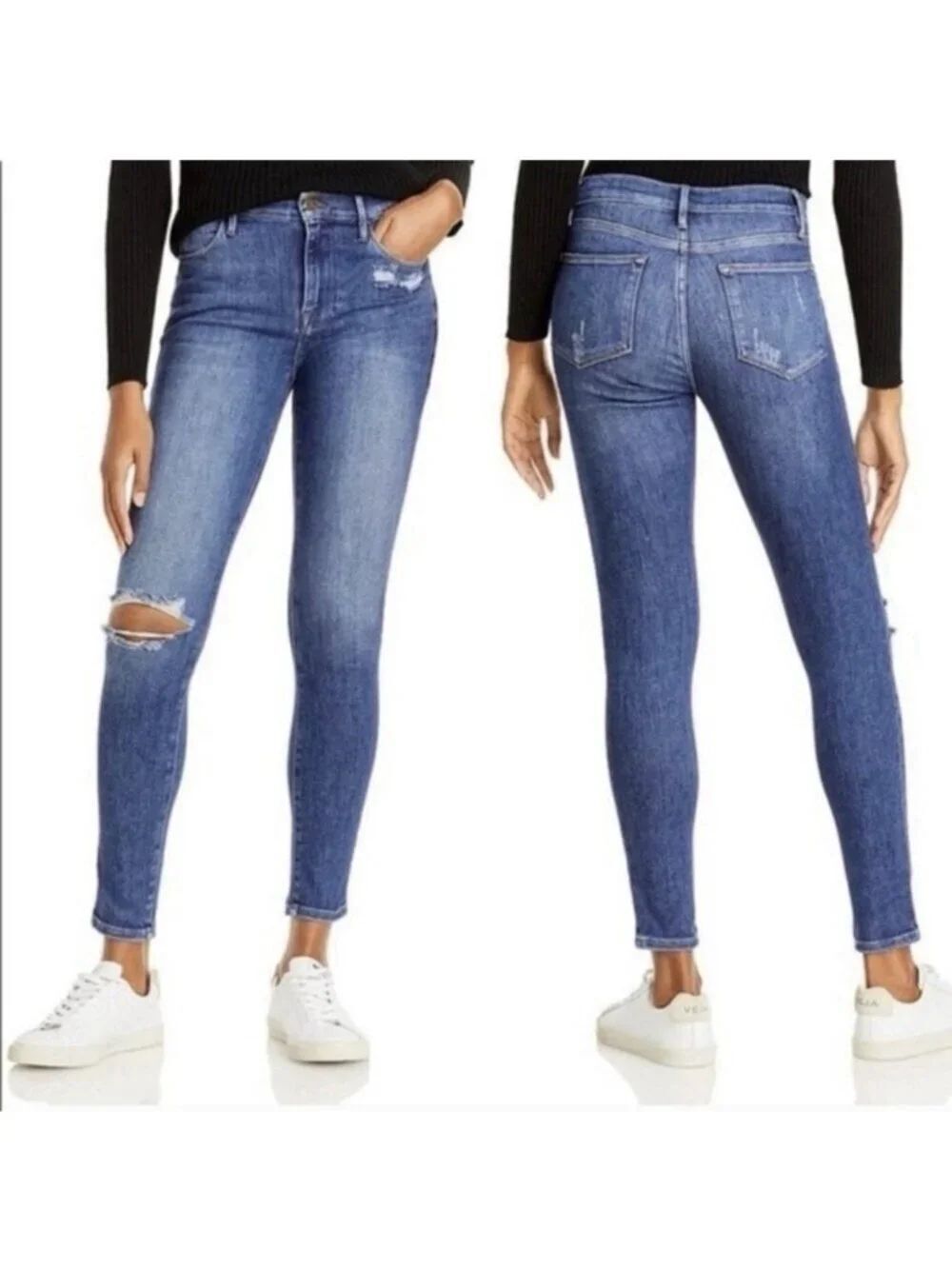 frame le high skinny Rise jeans Denim Solid Blue Saxon distressed 26